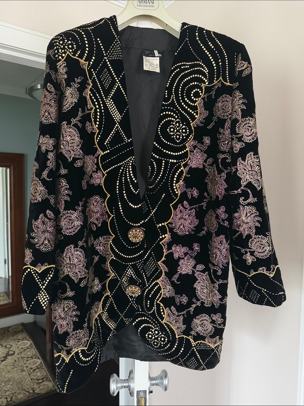 Diane Freis Black Velvet Blazer with Pink Floral & Gold Accents size S/M